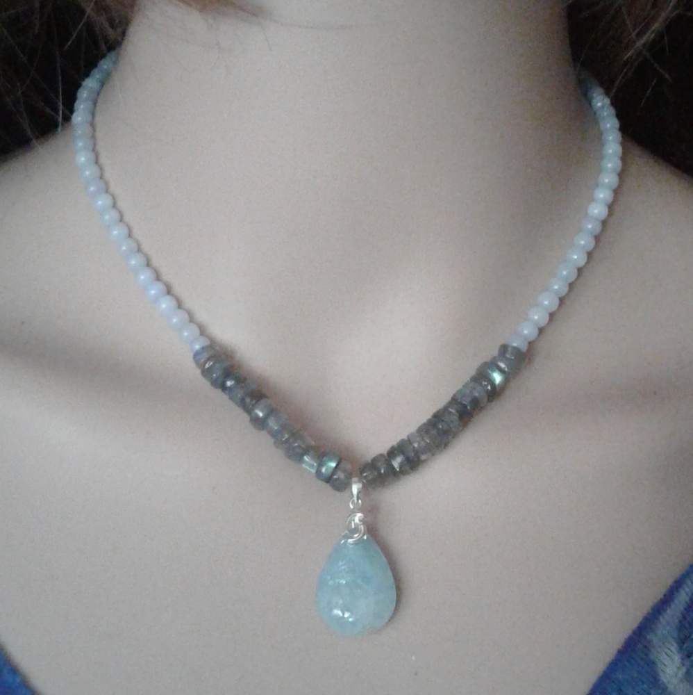 New *HC Natural Aquamarine/Labradorite 925S 16"Nk